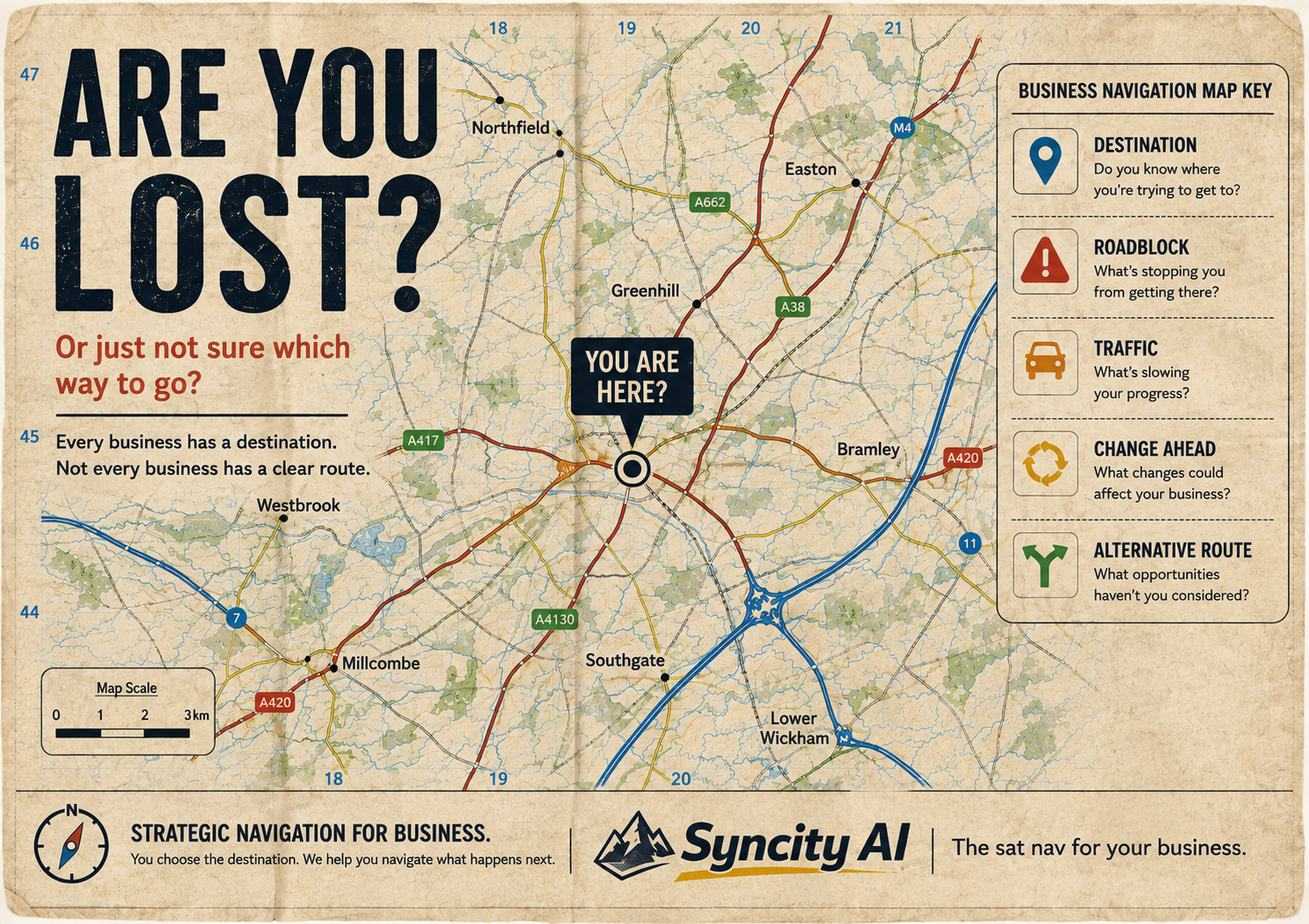Syncity AI map-style graphic asking Are you lost, with a business navigation map key