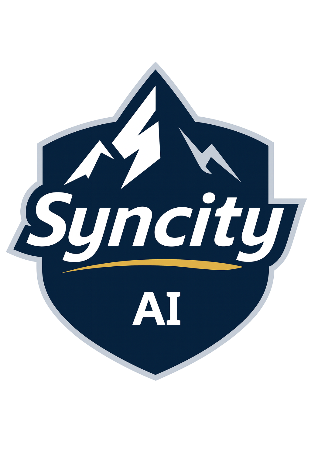 Syncity AI logo, a navy shield with white mountain peaks and a gold swoosh